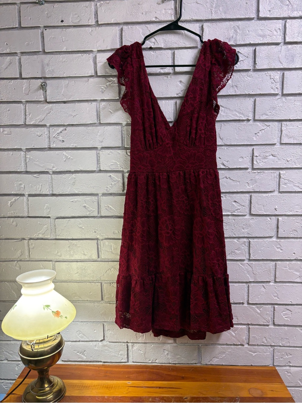Deep Red Lace Midi Dress with V-Neck